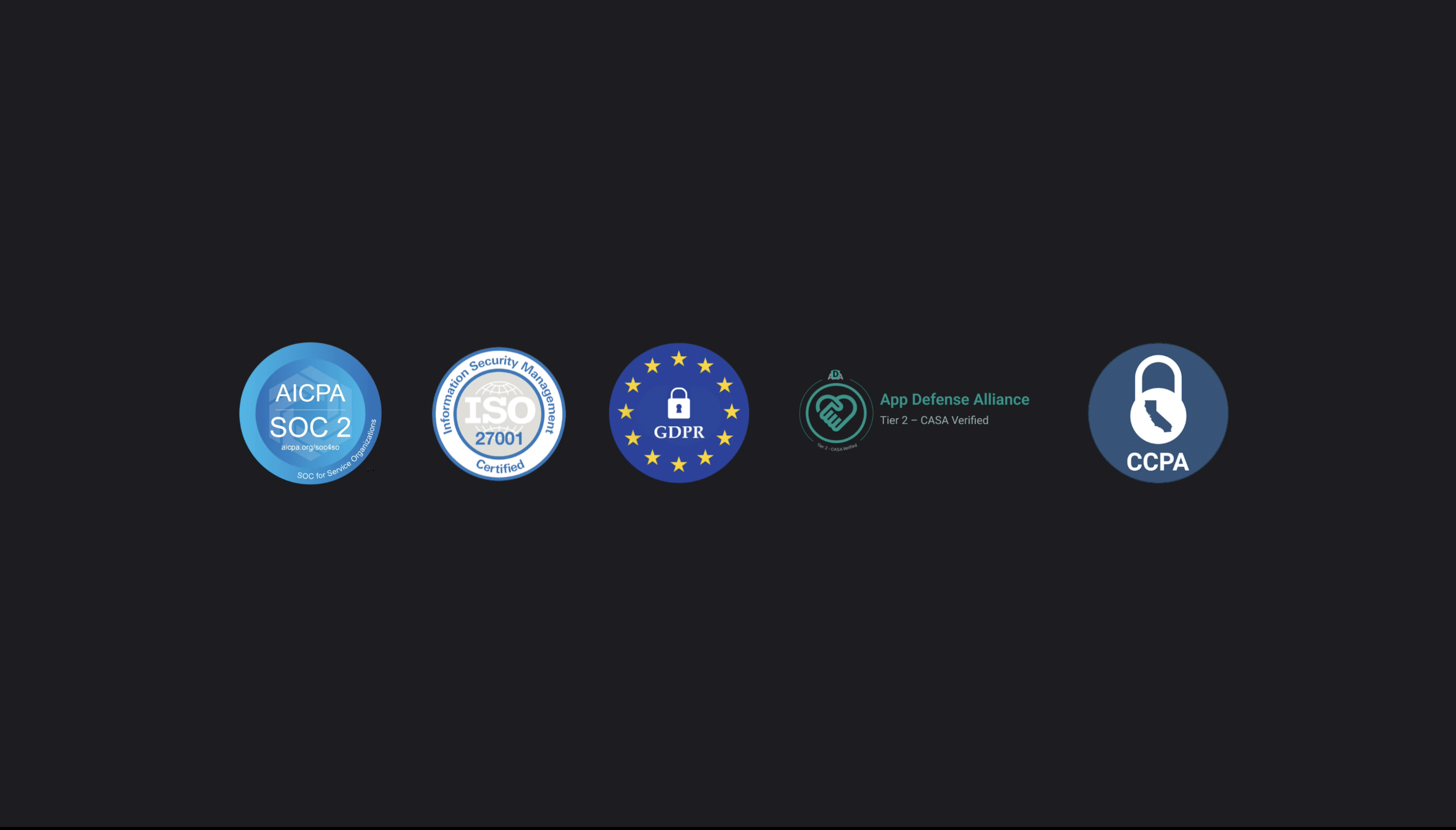 SOC 2, ISO 27001, GDPR, CASA Verified, CCPA — security and compliance certifications